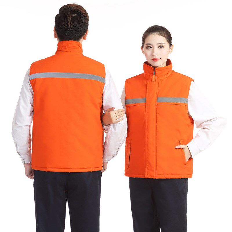 冬季棉马甲工作服定制建筑工程汽修工装男反光条劳保加厚背心桔色