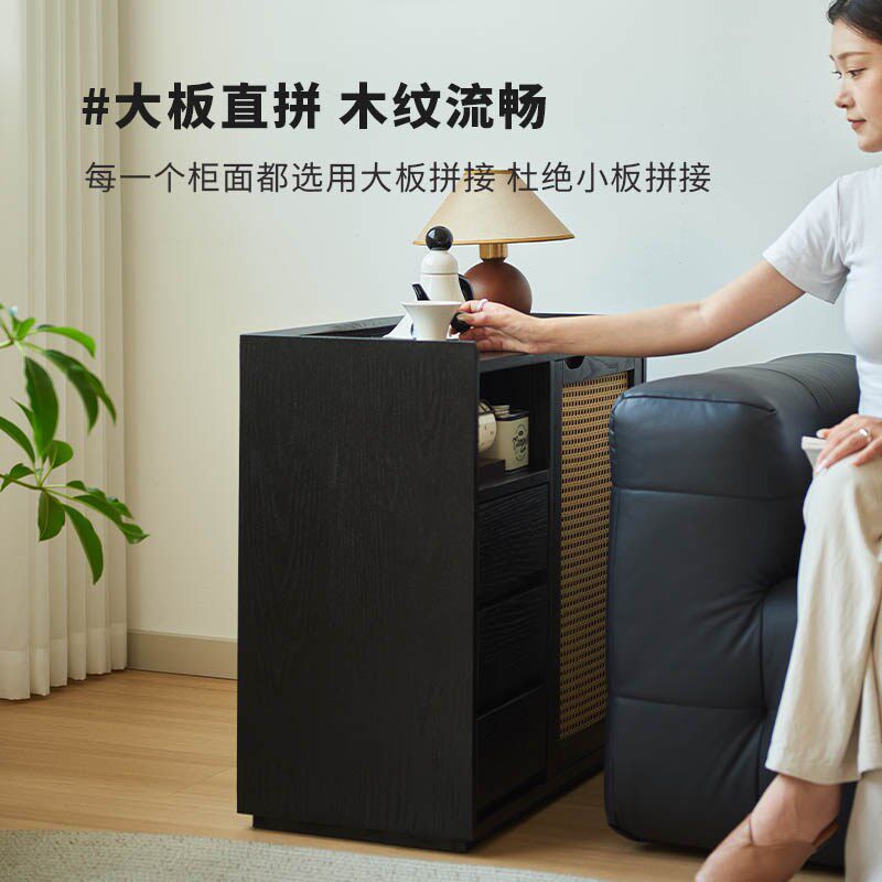 实木茶水柜靠墙一体茶台桌储物柜家用边几柜黑色客厅沙发侧边柜子