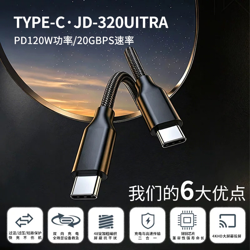 PD120W大功率双头typeCC超快充双向传输全功能小米手机数据线 USB4.0Emark有线8K投屏扩展坞电脑硬盘盒连接线