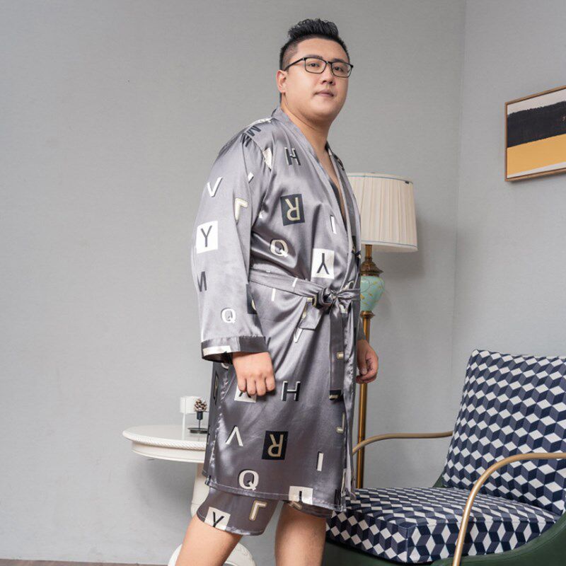 丝绸睡衣男士长袖秋季薄款家居服胖子加肥加大码日式和服睡袍浴袍