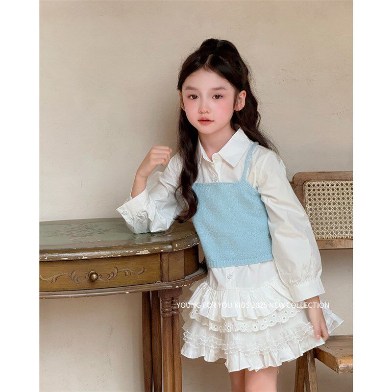 YFY女童春夏白色长袖衬衫连衣裙可爱公主纯棉蛋糕裙吊带背心套装