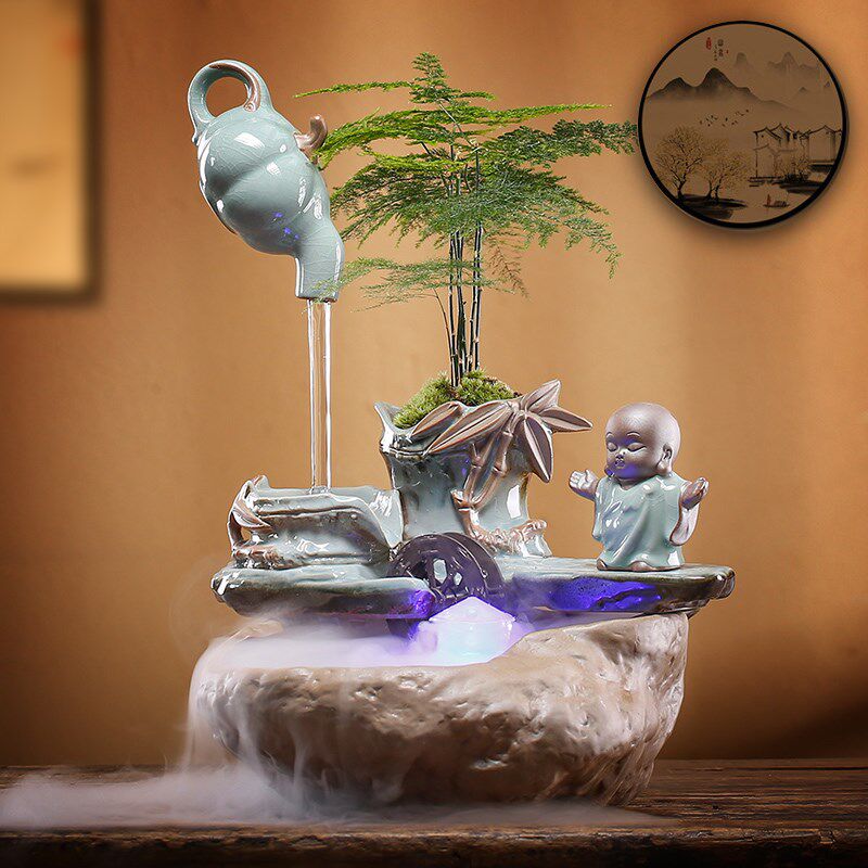 流水摆件陶瓷招财简约小号中式禅意茶桌茶台办公室桌面书房装饰品