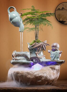 流水摆件陶瓷招财简约小号中式禅意茶桌茶台办公室桌面书房装饰品