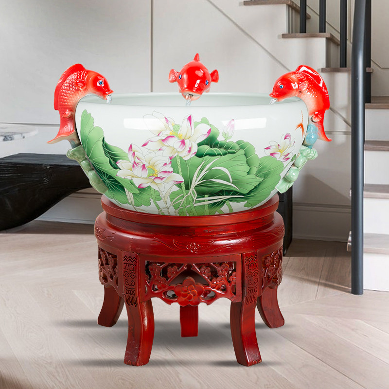景德镇陶瓷荷花缸金鱼缸乌龟缸流水鱼池家居造景喷泉景观装饰摆件