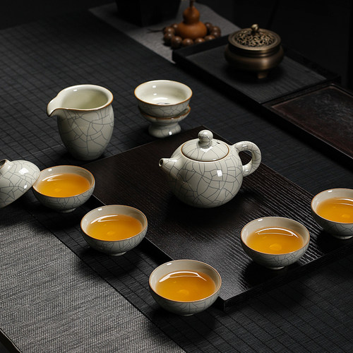 青瓷功夫茶具套装手工月白冰裂陶瓷三才盖碗茶杯茶壶整套中式家用