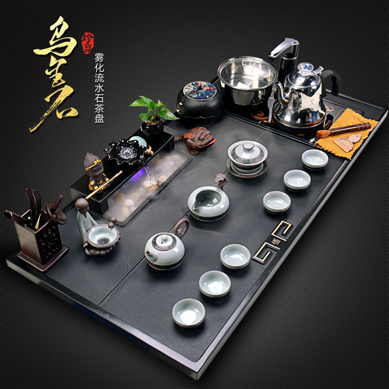 整块乌金石茶盘功夫茶具套装家用全自动一体客厅流水雾化景观茶台