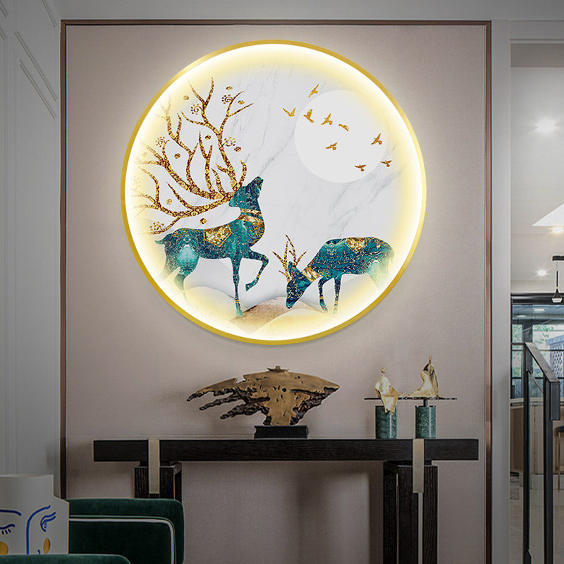 声控夜光带灯装饰画餐厅入户玄关发光轻奢晶瓷画圆形壁画LED灯画