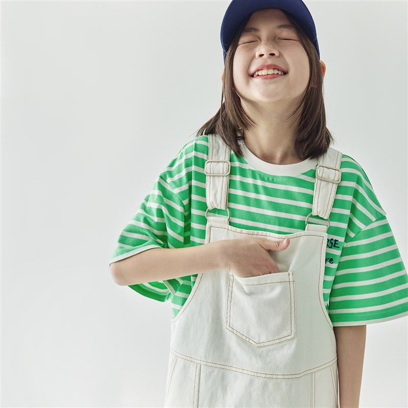 棵初2024新款夏季女童白色牛仔背带裙亲子款全棉百搭休闲连衣裙