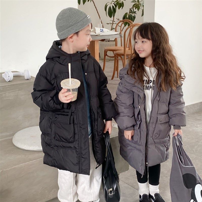 儿童中长款羽绒服女款冬季女童长款加绒外套秋冬男童轻薄冬装棉衣