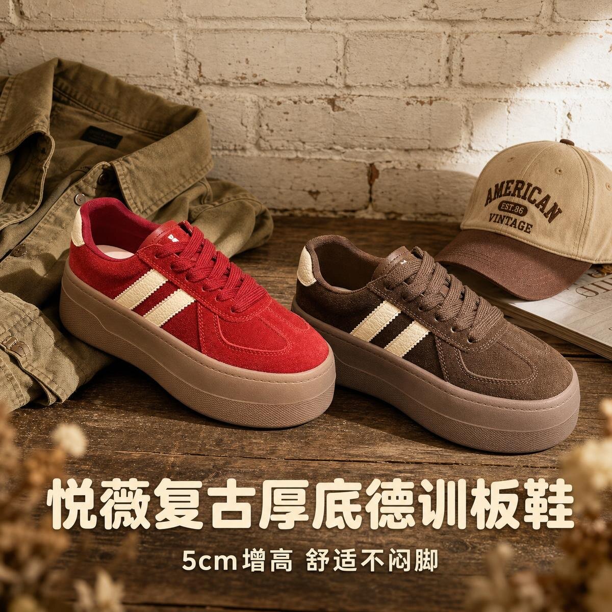 专注高品质悦薇复古厚底德训鞋真皮三条杠增高休闲板鞋百搭运动鞋