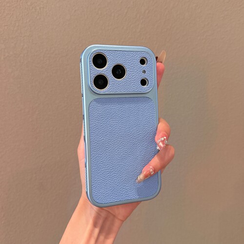 冰川蓝色荔枝纹素皮适用iPhone18promax手机壳苹果17Pro新款皮质16秒变18大视窗15PM情侣高级感14保护套男女