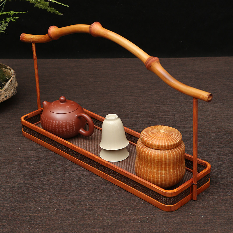 中式筇竹手工竹编仿古手提茶盘长方形圆形大号水果盘茶点盘收纳盒