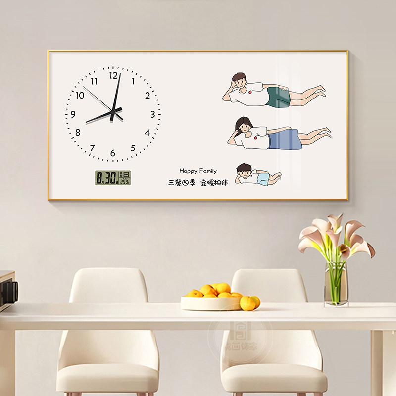 一家三口四口大尺寸电表箱装饰画卡通人物万年历配电箱遮挡时钟画