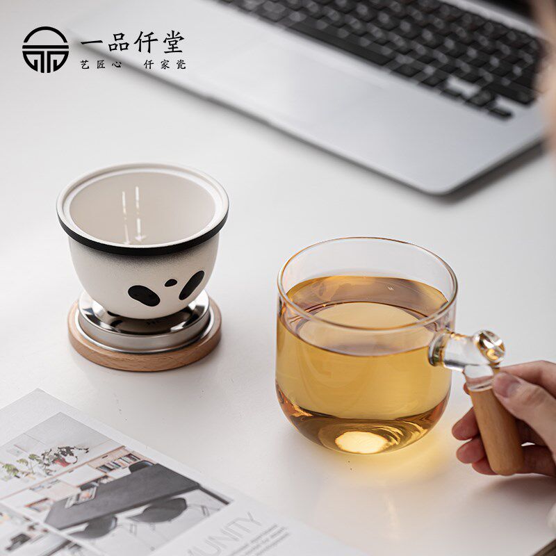 熊猫茶水分离杯个人专用泡茶杯玻璃带把办公带盖子过滤花茶水杯冷