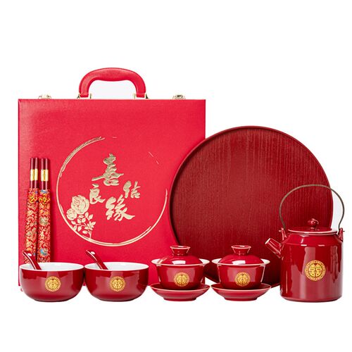 结婚礼物改口敬茶杯红色喜碗筷子茶壶碗筷套装婚庆陪嫁子孙碗礼品