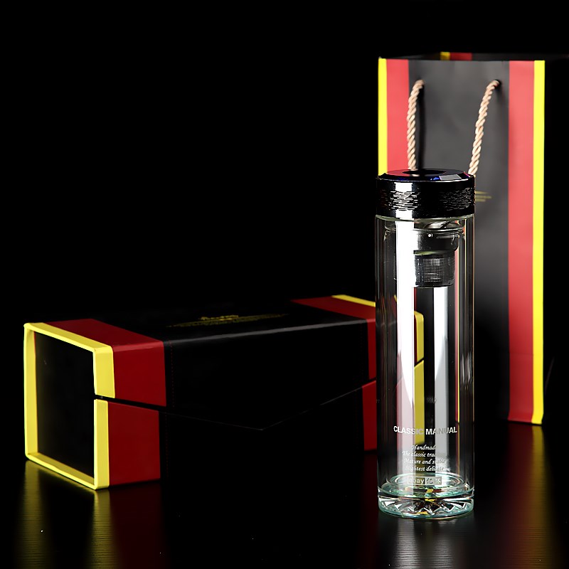 水晶七彩底玻璃杯双层加厚茶水杯便携车载水杯带盖子过滤开水杯子