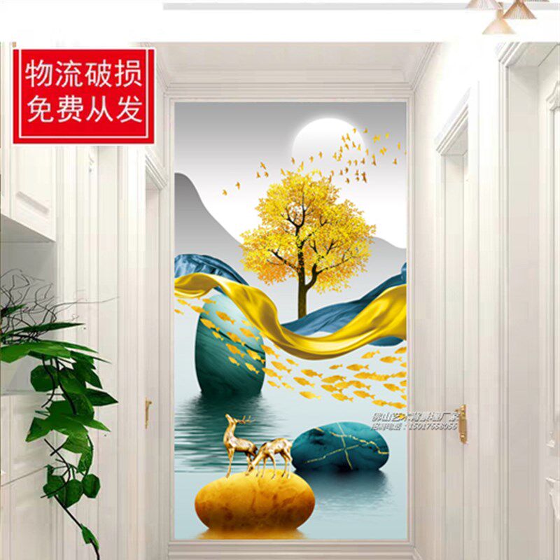 过道玄关装饰画岩板电视背景墙瓷砖微晶石大理石轻奢现代发财树