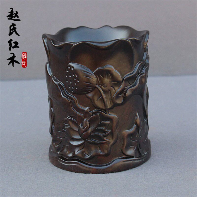 红木笔筒工艺品摆件木雕刻笔筒实木紫檀红酸枝黑檀木质荷花笔筒