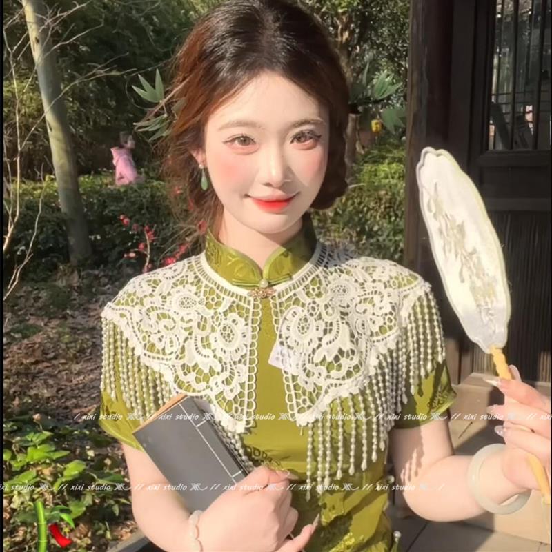 复古新中式蕾丝珍珠流苏旗袍云肩中国风汉服领子重工披肩配饰新品