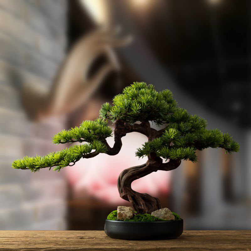 客厅实木仿真迎客松玄关绿植黑松盆景办公室五针松植物罗汉松摆件