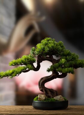 客厅实木仿真迎客松玄关绿植黑松盆景办公室五针松植物罗汉松摆件