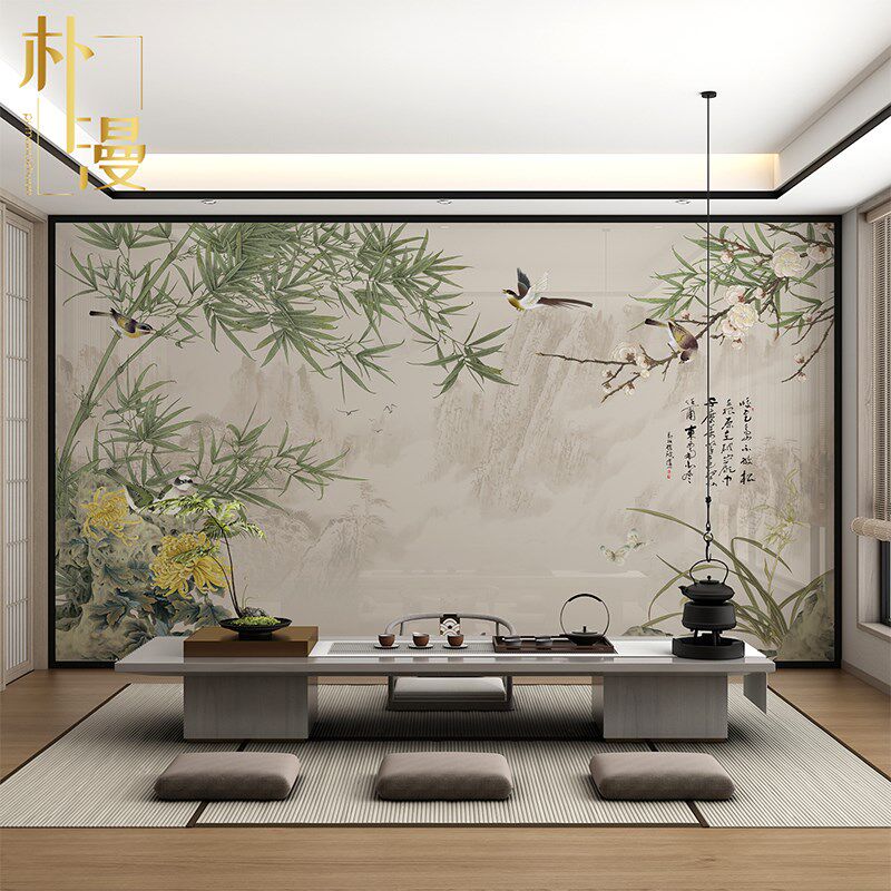 宋代美学山水画艺术岩板电视背景墙中式别墅客厅沙发瓷砖壁画图案