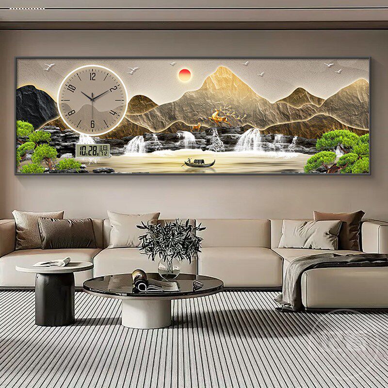 流水生财客厅装饰画带钟表万年历电子钟沙发背景墙壁挂画茶室灯画