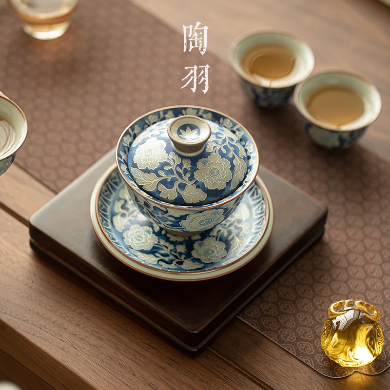 汝窑元青花悬停元宝三才盖碗家用陶瓷泡茶碗高档功夫茶具礼盒装