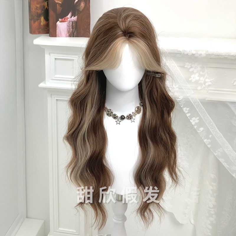 甜欣假发女美高ABC夏季新款手钩前额蕾丝巧克力挑染长卷发全头套