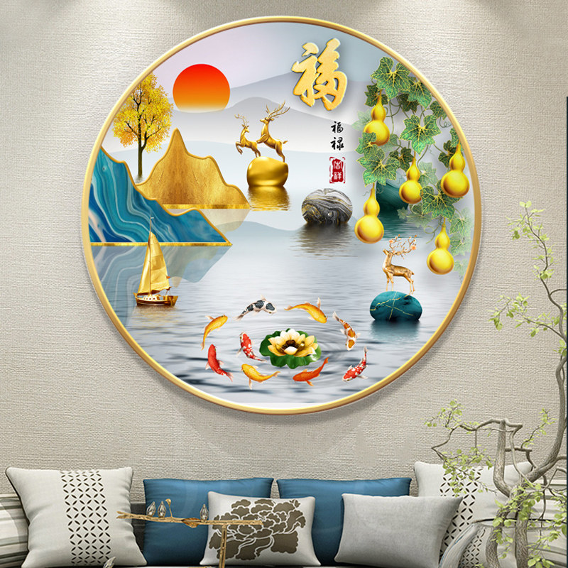 圆形玄关装饰画荷花锦鲤带灯现代轻奢葫芦餐厅入户客厅九鱼图挂画