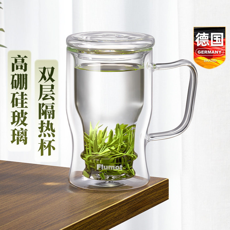 德国双层玻璃创意泡茶杯带把手盖图片