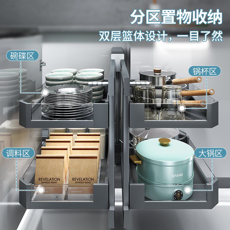 整体橱柜转角拉篮全开转角小怪物拉篮拐角双层收纳厨房抽拉柜内置