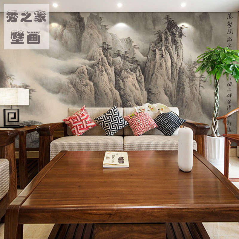 5D电视背景墙纸书房水墨山水画无缝墙布客厅沙发玄关8D壁纸壁画