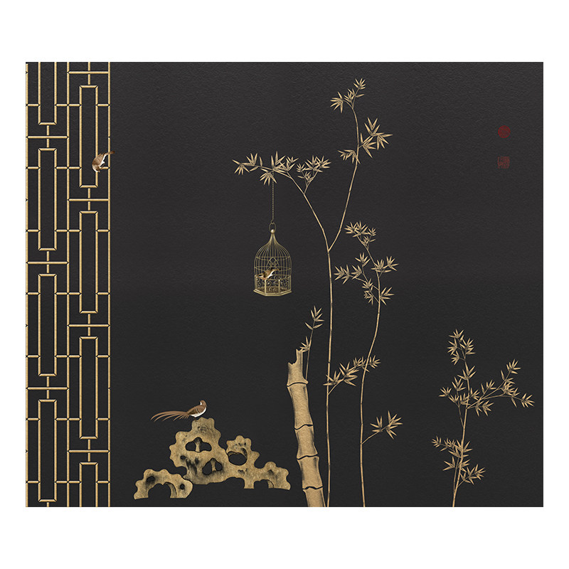 简约新中式太湖石竹子花鸟壁纸古风意境壁布电视背景墙纸定制壁画