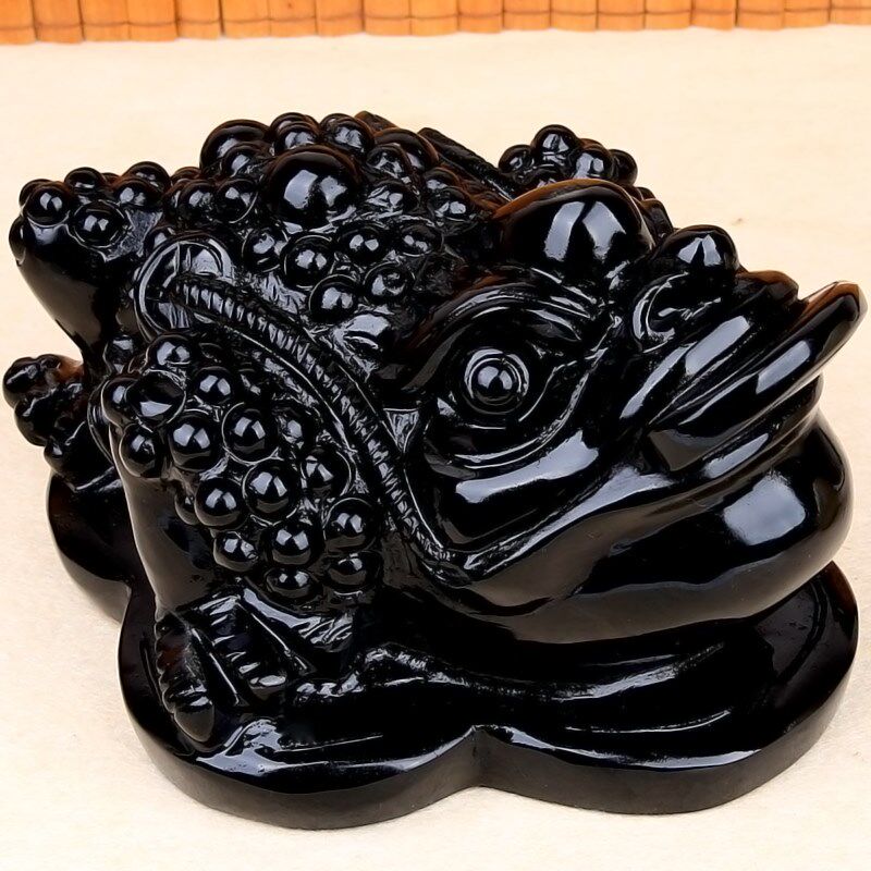 天然黑曜石金蟾摆件八方三足三脚蟾蜍黑色石雕水晶吉祥物玉石摆设