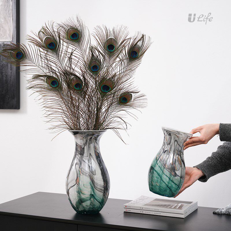 水墨画艺术琉璃花瓶摆件现代玄关餐桌装饰品客厅插花花器孔雀羽毛