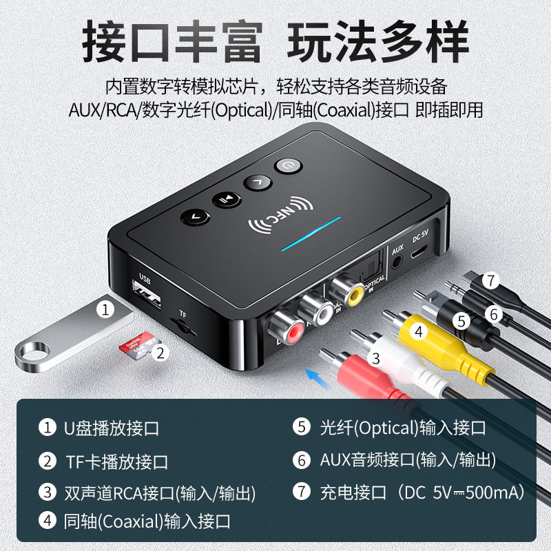 蓝牙接收器5.0蓝牙发射器FM三合一蓝牙适配器平板手机电脑通用NFC