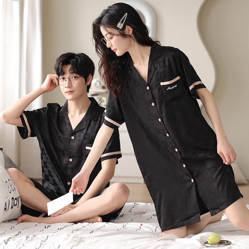 夏季情侣款睡衣女睡裙冰丝连衣裙简约大码男士短袖短裤家居服套装