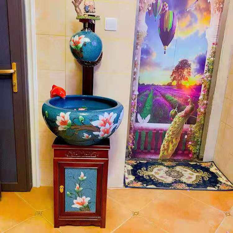 陶瓷柜式玉兰花金鱼鱼缸落地门海缸瓷缸家用玄关客厅景德镇养鱼盆