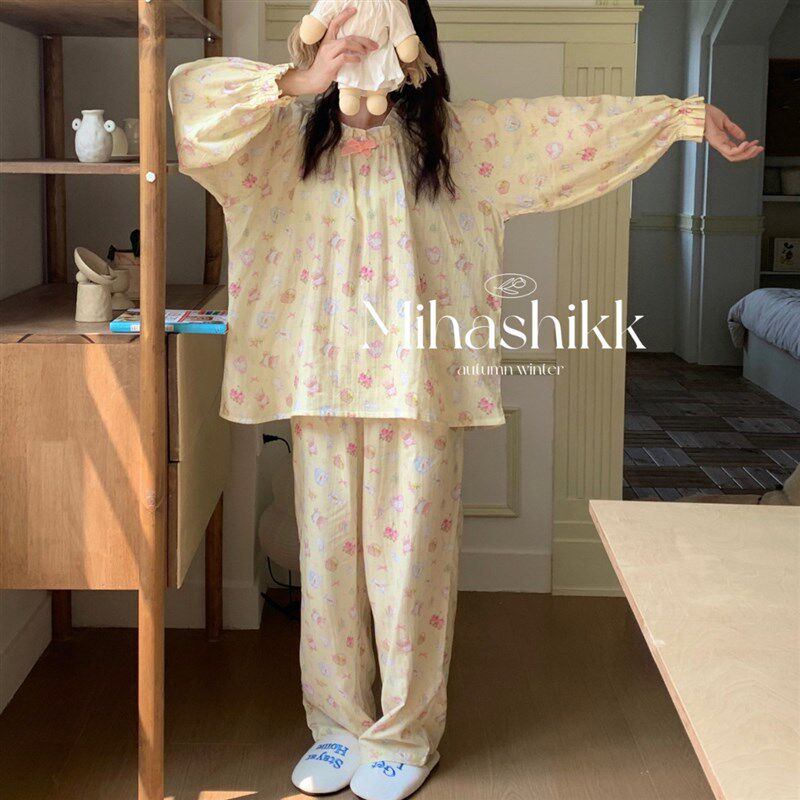 新款少女A类棉纱睡衣少女花边婴儿棉长袖长裤套装居家服宽松舒适