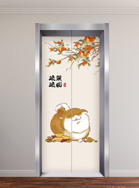 入户电梯门贴纸一梯一户新中式吉祥民俗改造遮丑壁纸自粘装饰画膜