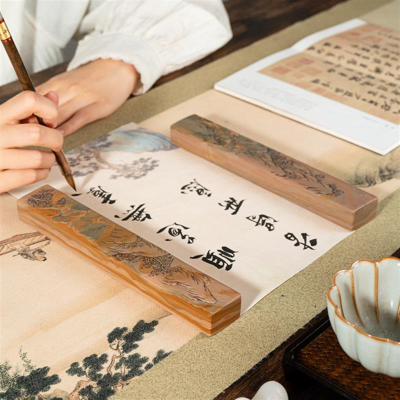 张小凤苴却砚镇纸老坑山水镇尺天然原石雕刻创意书法高档文房四宝