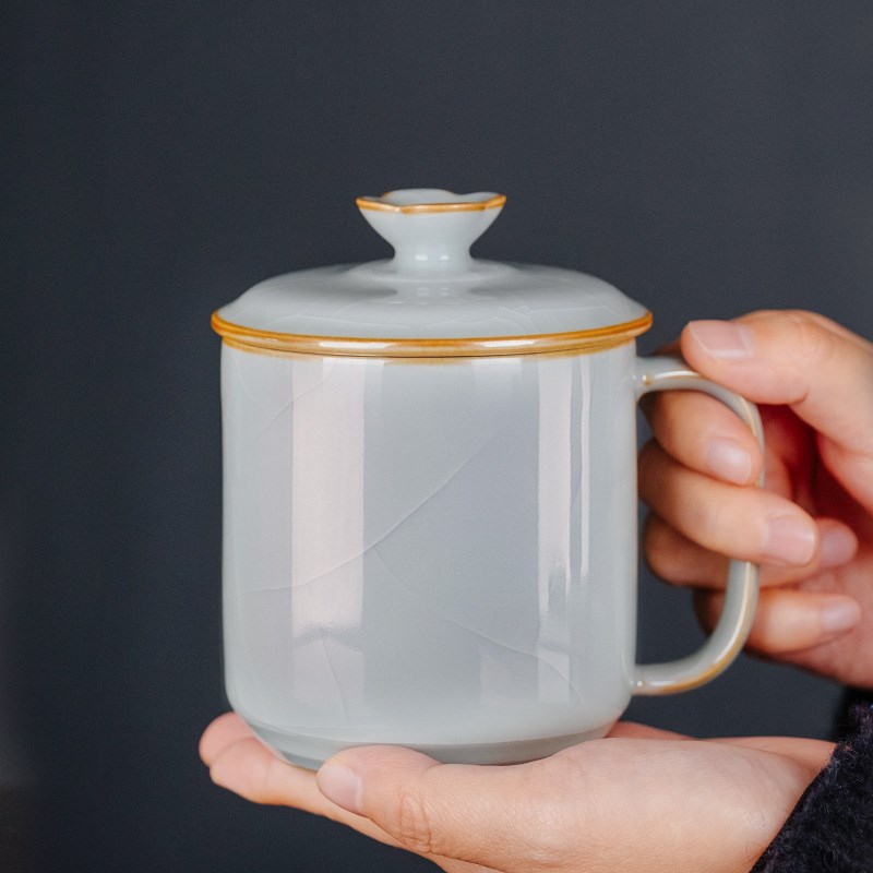 汉唐青瓷陶瓷办公杯绿茶茶杯单杯开片可养个人专用高档水杯礼盒