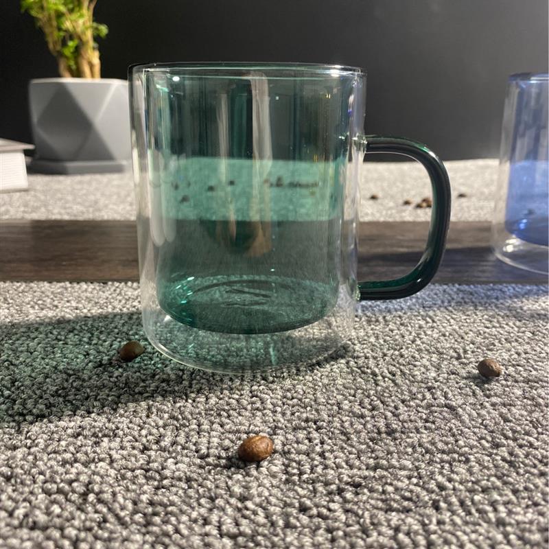 零极限清理工具蓝色玻璃杯瓶子新款彩色双层带把咖啡杯耐高温送课图片