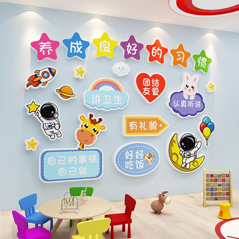 爱护眼睛幼儿园走廊教室文化墙装饰养成好习惯标语卡通立体墙贴画