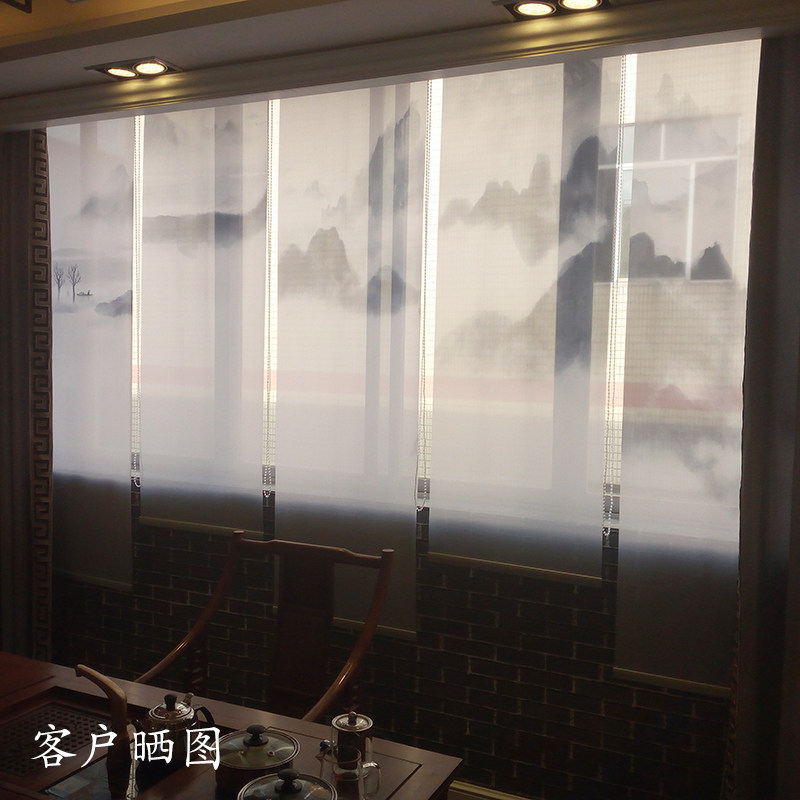 中式卷帘窗帘升降悬挂软隔断帘屏风客厅办公室酒店遮光山水画手拉