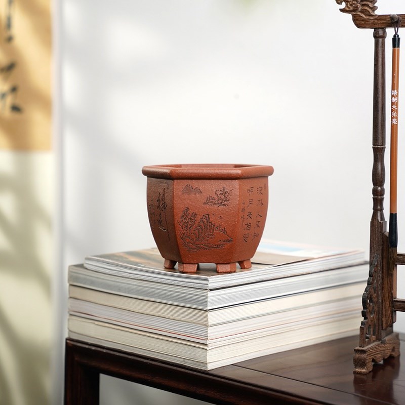 清香阁精品紫砂花盆 应小清红降坡泥六方 桌面盆景盆绿云矮种兰花