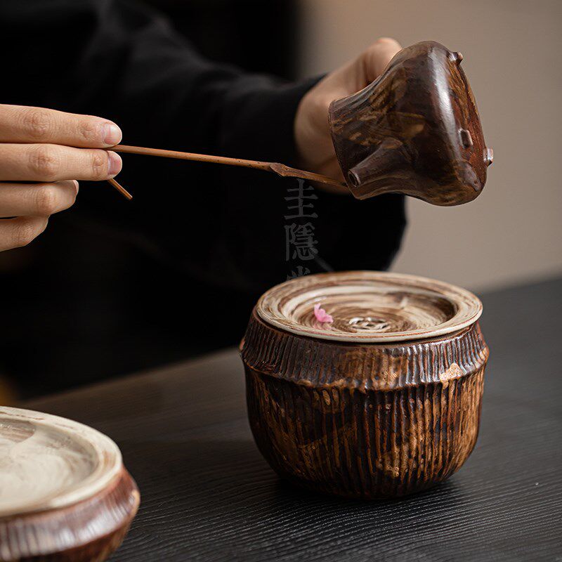 圭隐堂粉引日式侘寂洗水建水家用复古粗陶茶盂茶洗茶渣斗茶道零配