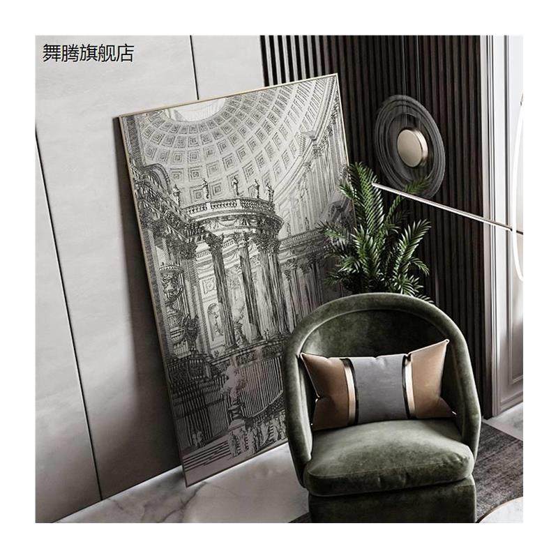新品复古装饰画客厅沙发背景墙挂画城堡建筑艺术黑白简约巨幅壁画