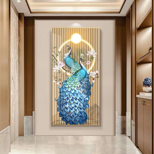 轻奢入户玄关装饰画走廊过道墙画镶钻简约新中式玄幻挂画吉祥孔雀